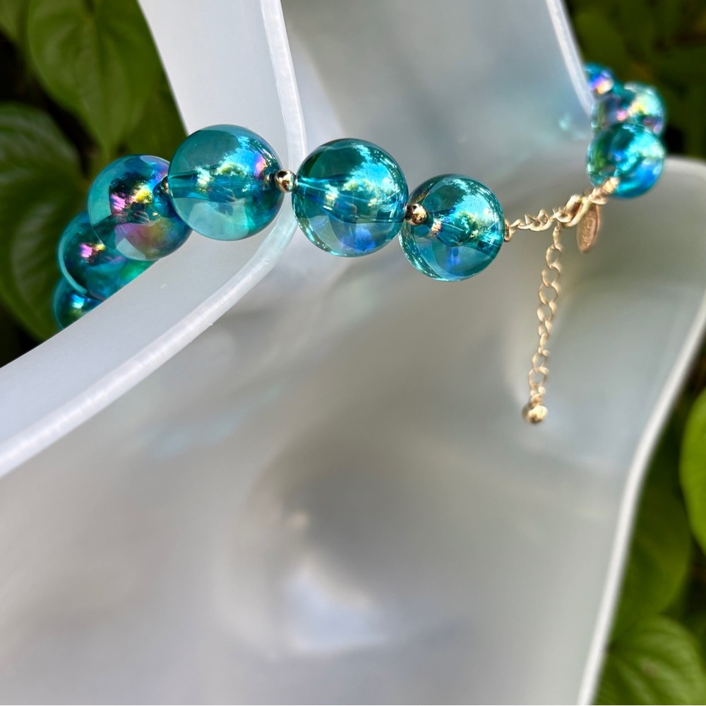 Natasha Couture Clear Blue Acrylic Ball Necklace Retro Iridescent Gold Cocktail - Picture 11 of 14